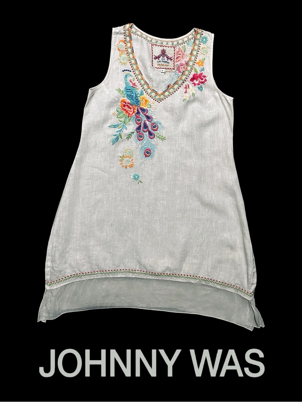 Johnny Was • JW Los Angeles 100% Linen Floral Peacock Embroidered Dress || Small
